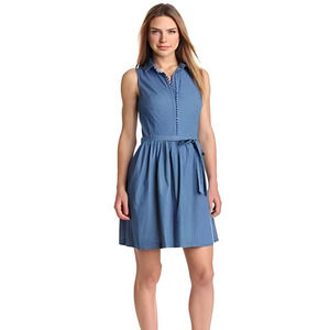 Kensie Dress Womens X-Small Blue Denim Fit & Flare Sleeveless Collar Swiss Dot